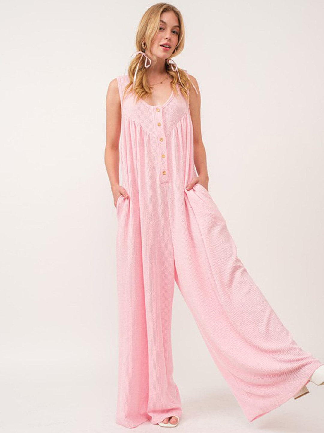 WOMEN'S SLEEVELESS BUTTON UP FRONT POCKETS RIBBED WIDE LEG JUMPSUIT