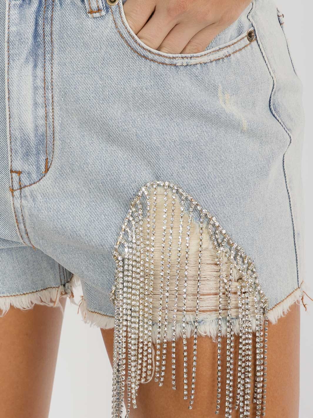 WOMEN'S BUTTON CLOSURE STUDS FRINGE POCKETS DISTRESS DENIM MINI SHORTS