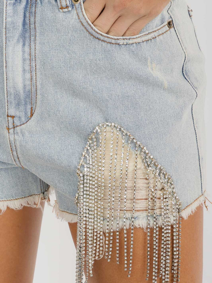 WOMEN'S BUTTON CLOSURE STUDS FRINGE POCKETS DISTRESS DENIM MINI SHORTS