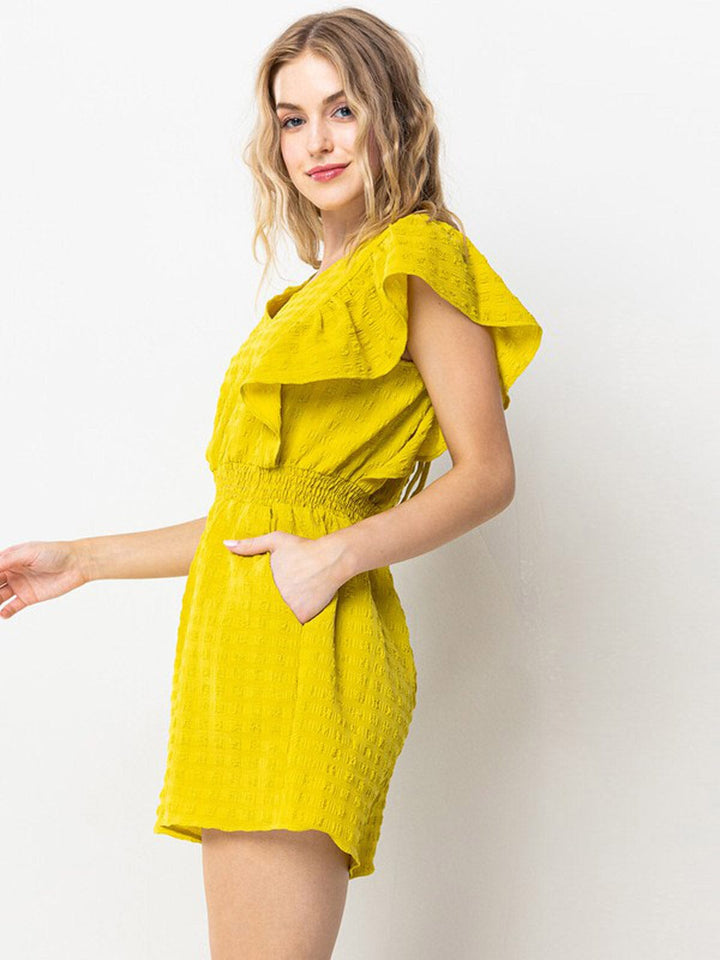 WOMEN'S SHORT SLEEVE SMOCK WAIST POCKETS RUFFLE ROMPER