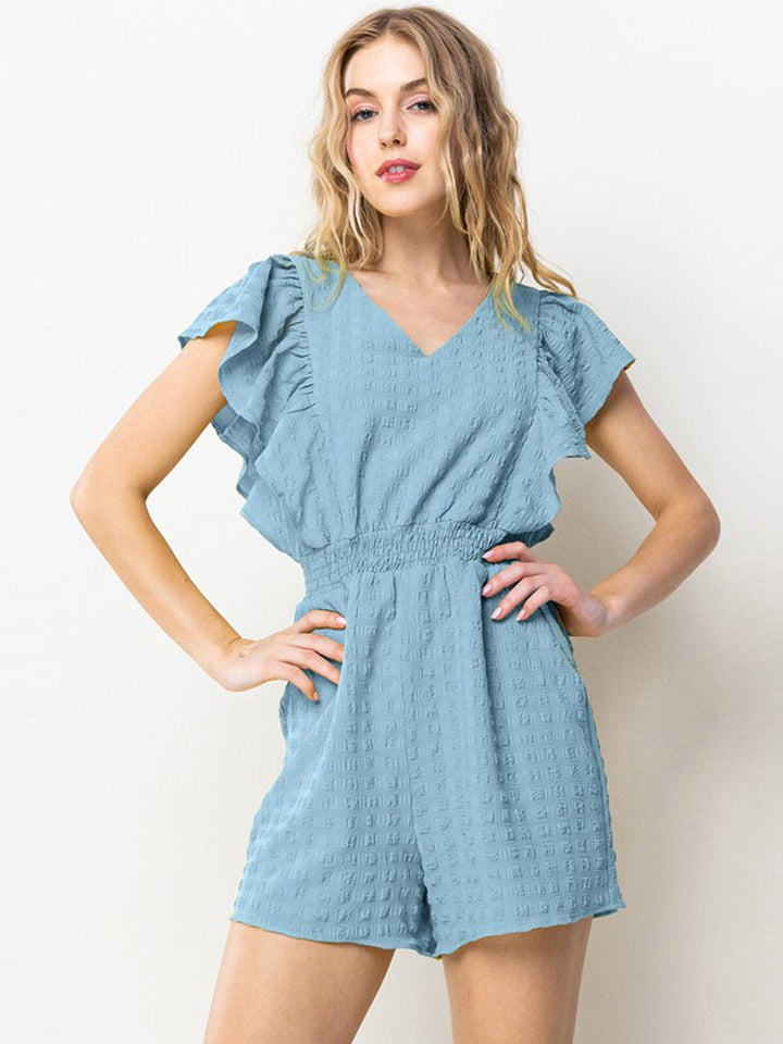 WOMEN'S SHORT SLEEVE SMOCK WAIST POCKETS RUFFLE ROMPER