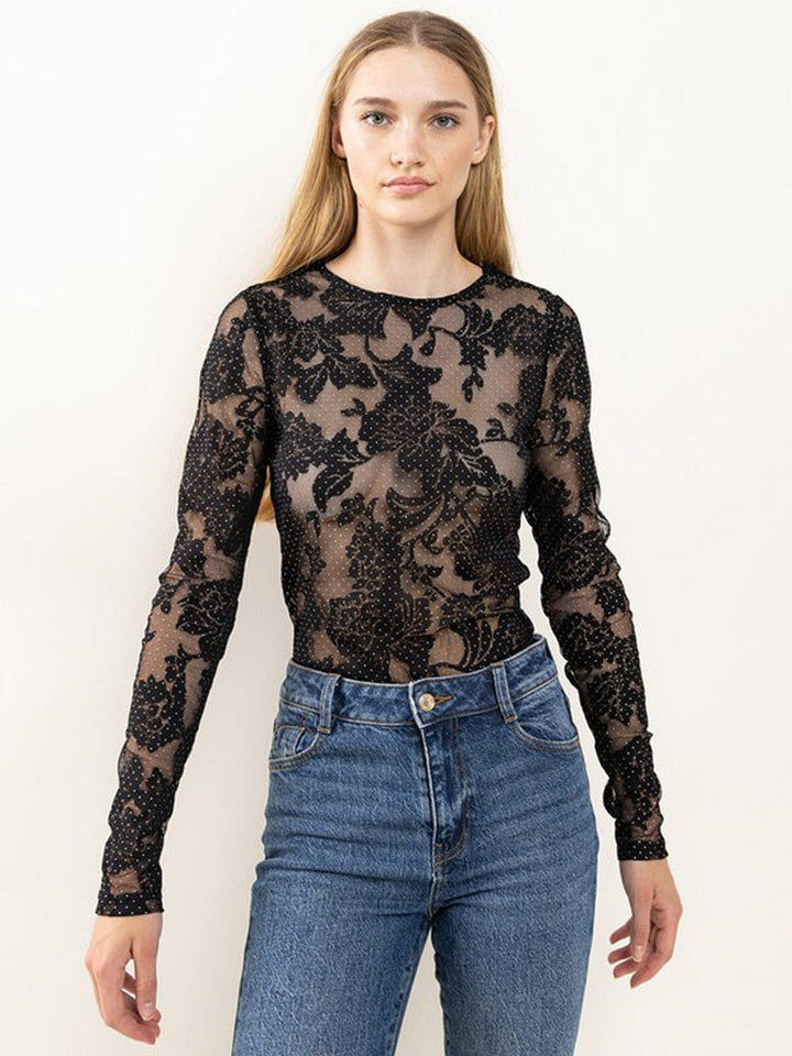 WOMEN'S LONG SLEEVE FLORAL MESH BODYSUIT