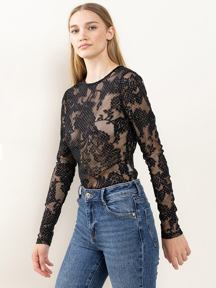 WOMEN'S LONG SLEEVE FLORAL MESH BODYSUIT
