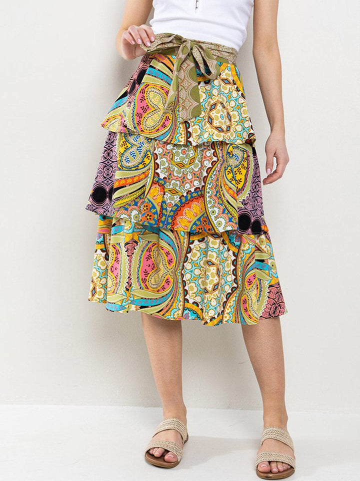 WOMEN'S ELASTIC WAISTBAND TIERED RUFFLE MULTI PRINT MIDI SKIRT
