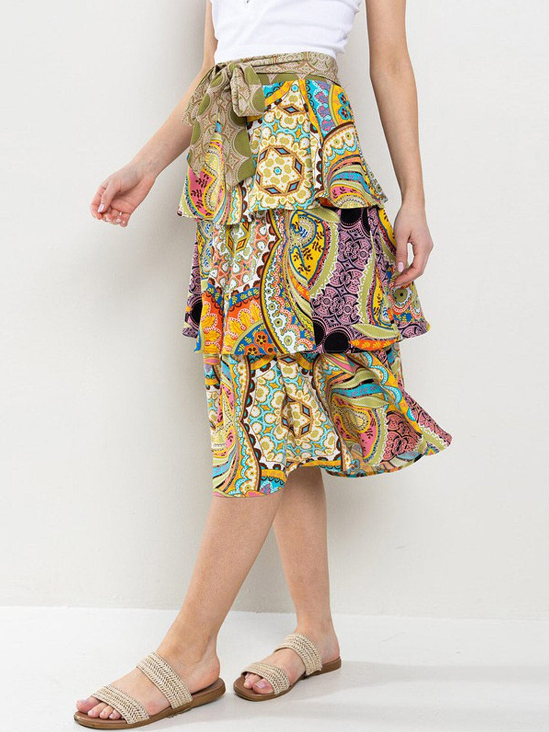 WOMEN'S ELASTIC WAISTBAND TIERED RUFFLE MULTI PRINT MIDI SKIRT