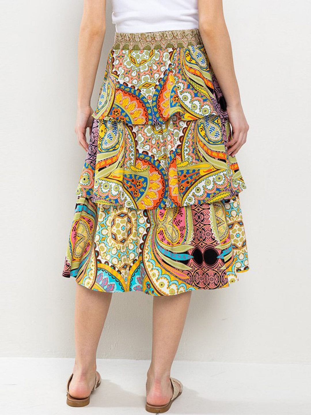 WOMEN'S ELASTIC WAISTBAND TIERED RUFFLE MULTI PRINT MIDI SKIRT