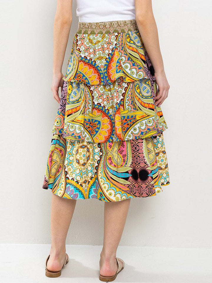 WOMEN'S ELASTIC WAISTBAND TIERED RUFFLE MULTI PRINT MIDI SKIRT
