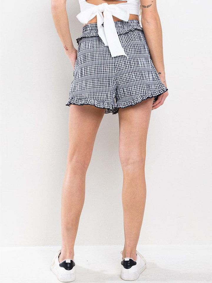 WOMEN'S ELASTIC WAIST POCKETS PLAID MINI SHORTS