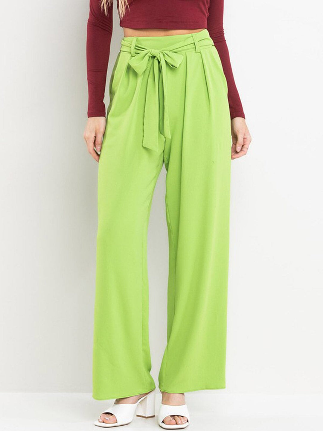 WOMEN'S ELASTIC WAIST SELF TIE FRONT POCKETS WIDE LEG PANTS