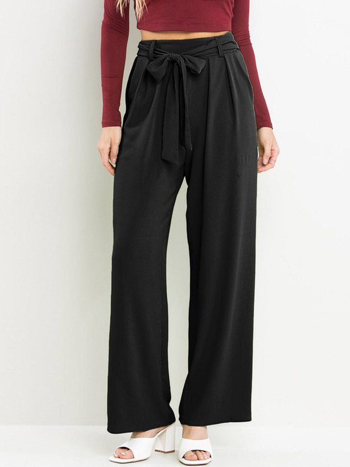 WOMEN'S ELASTIC WAIST SELF TIE FRONT POCKETS WIDE LEG PANTS