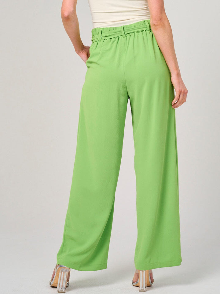 WOMEN'S ELASTIC WAIST SELF TIE FRONT POCKETS WIDE LEG PANTS