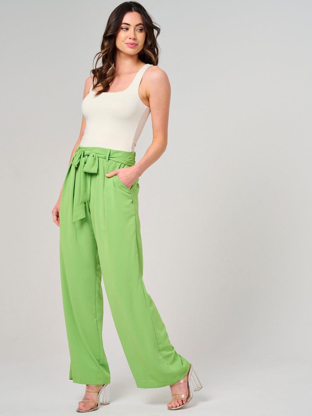 WOMEN'S ELASTIC WAIST SELF TIE FRONT POCKETS WIDE LEG PANTS