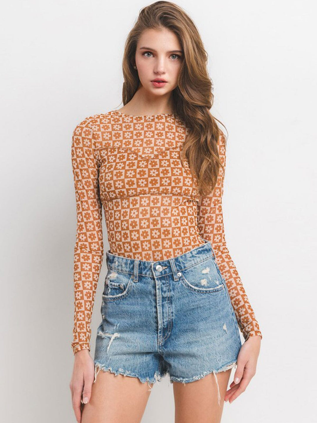 WOMEN'S LONG SLEEVE FLORAL PRINT MESH BODYSUIT