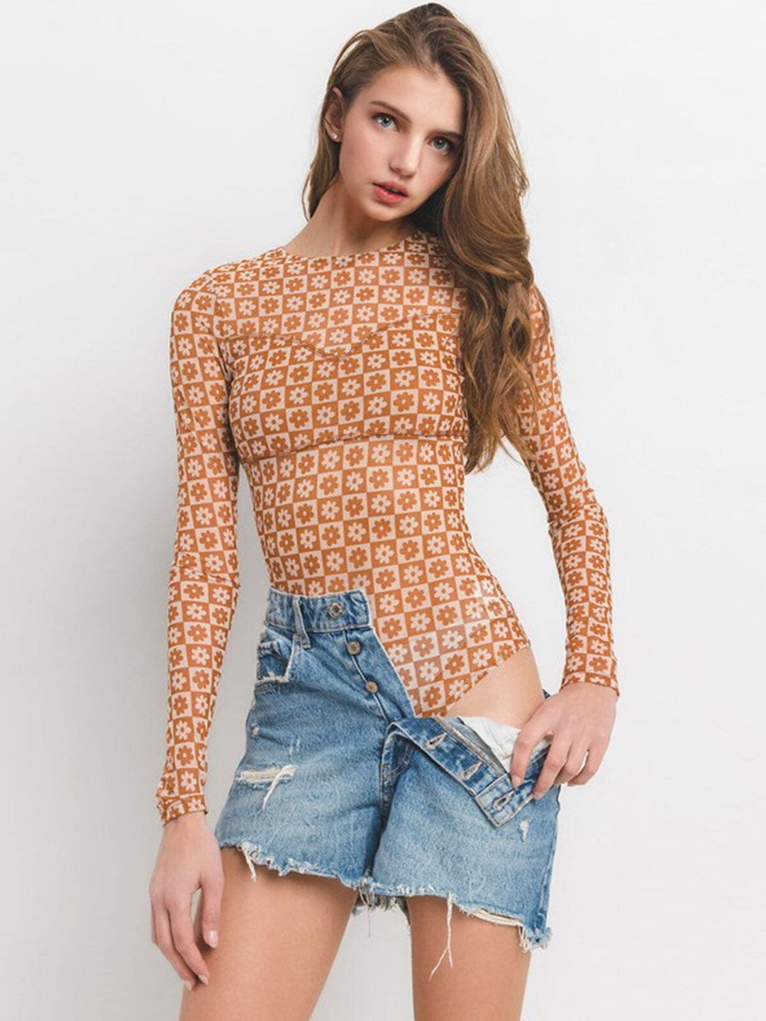 WOMEN'S LONG SLEEVE FLORAL PRINT MESH BODYSUIT