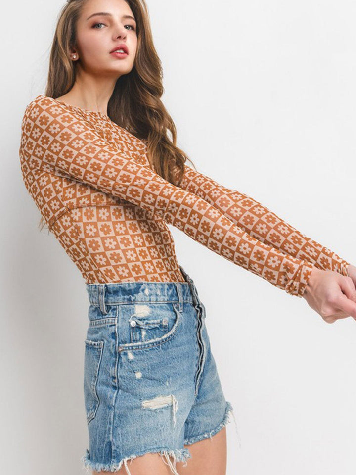 WOMEN'S LONG SLEEVE FLORAL PRINT MESH BODYSUIT