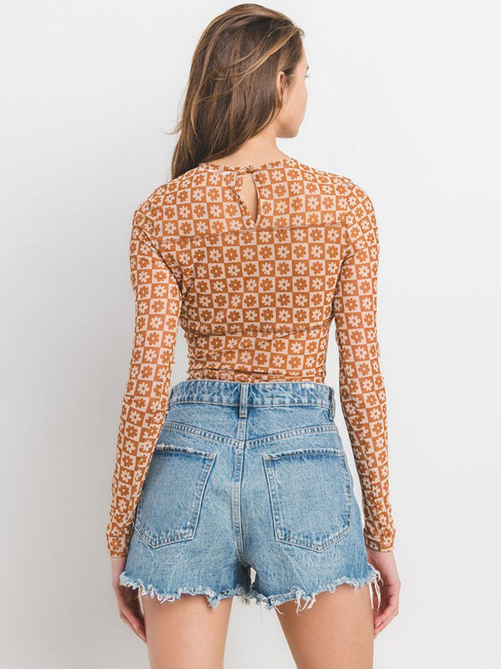 WOMEN'S LONG SLEEVE FLORAL PRINT MESH BODYSUIT