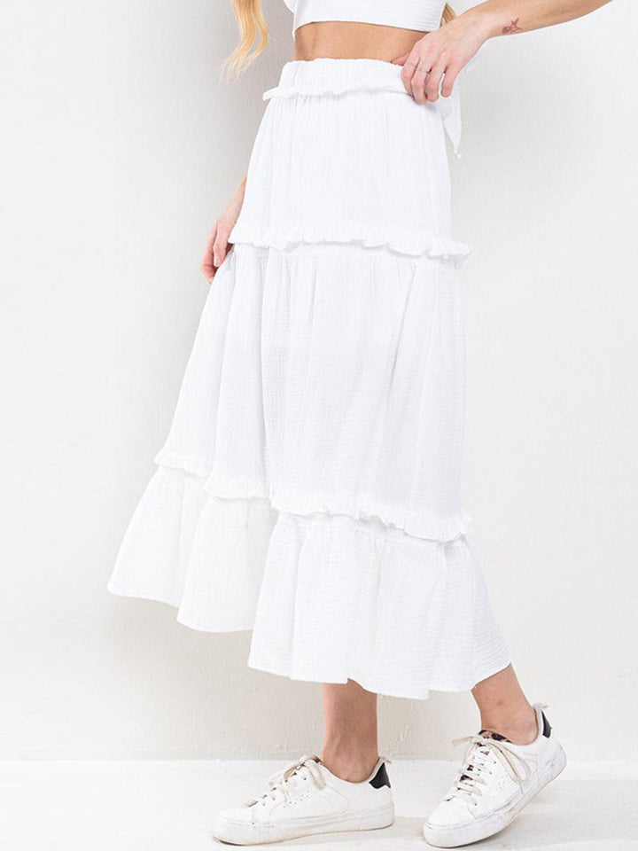 WOMEN'S ELASTIC WAIST TIERED SELF TIE MAXI SKIRT