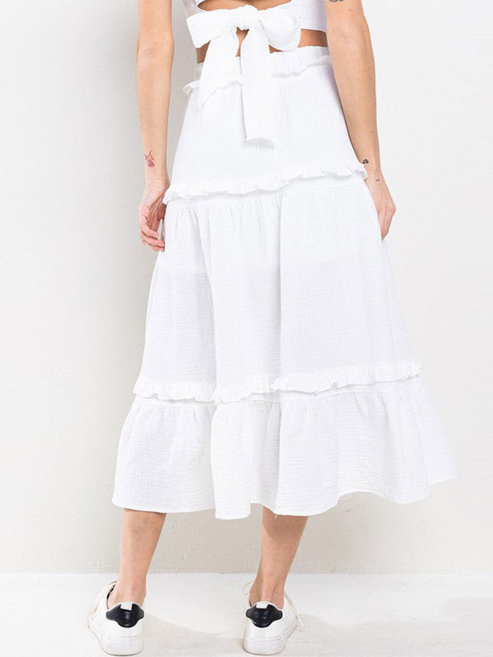 WOMEN'S ELASTIC WAIST TIERED SELF TIE MAXI SKIRT