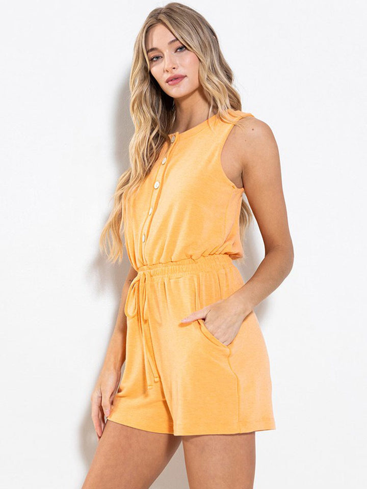 WOMEN'S SLEEVELESS ELASTIC WAIST POCKETS BUTTON UP ROMPER