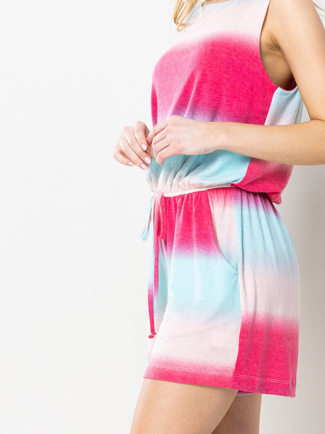 WOMEN'S SLEEVELESS ELASTIC WAIST POCKETS COLORBLOCK ROMPER