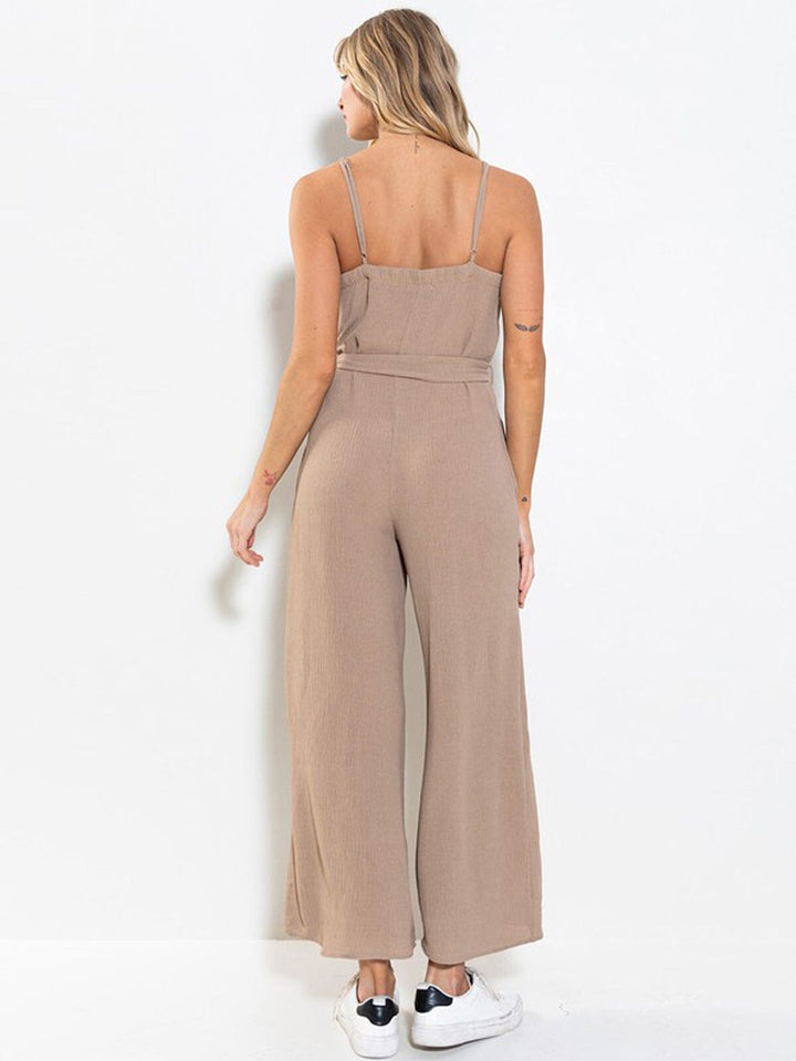 WOMEN'S SLEEVELESS V-NECK POCKETS SELF TIE WIDE LEG JUMPSUIT