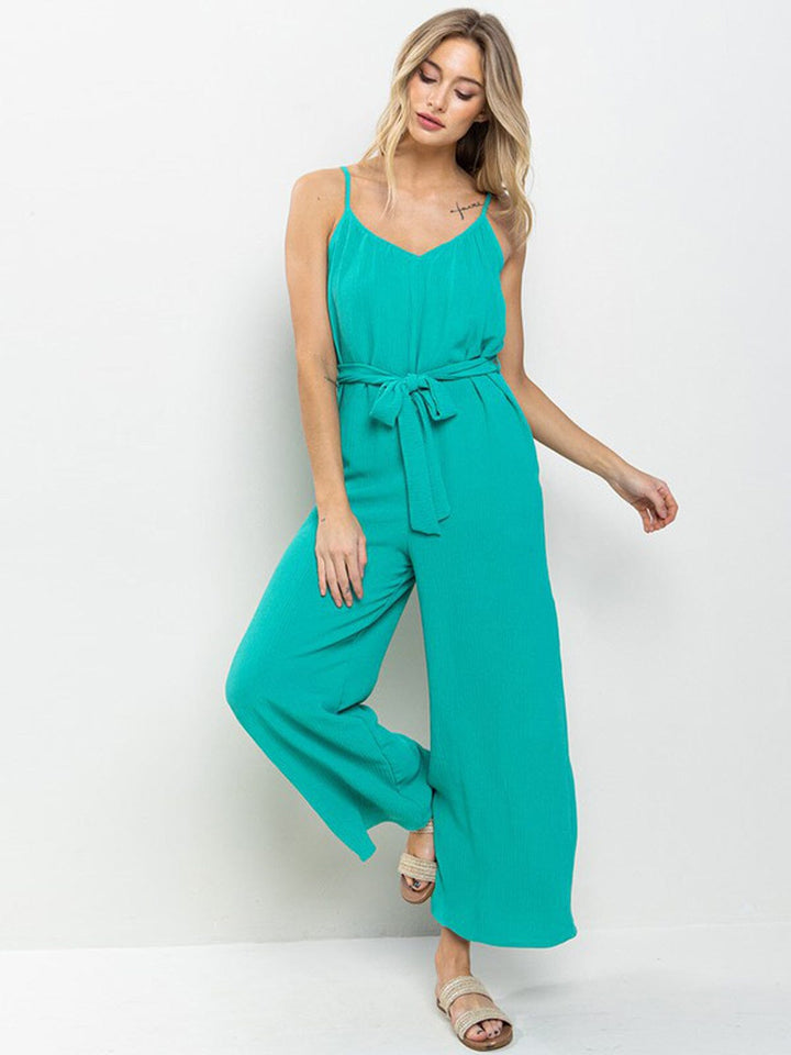 WOMEN'S SLEEVELESS V-NECK POCKETS SELF TIE WIDE LEG JUMPSUIT