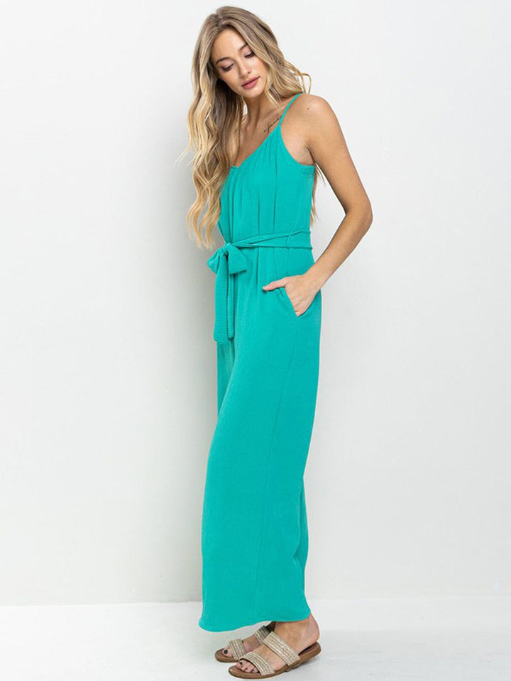 WOMEN'S SLEEVELESS V-NECK POCKETS SELF TIE WIDE LEG JUMPSUIT