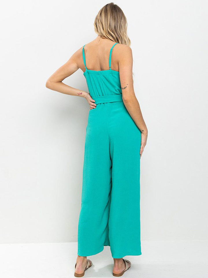 WOMEN'S SLEEVELESS V-NECK POCKETS SELF TIE WIDE LEG JUMPSUIT