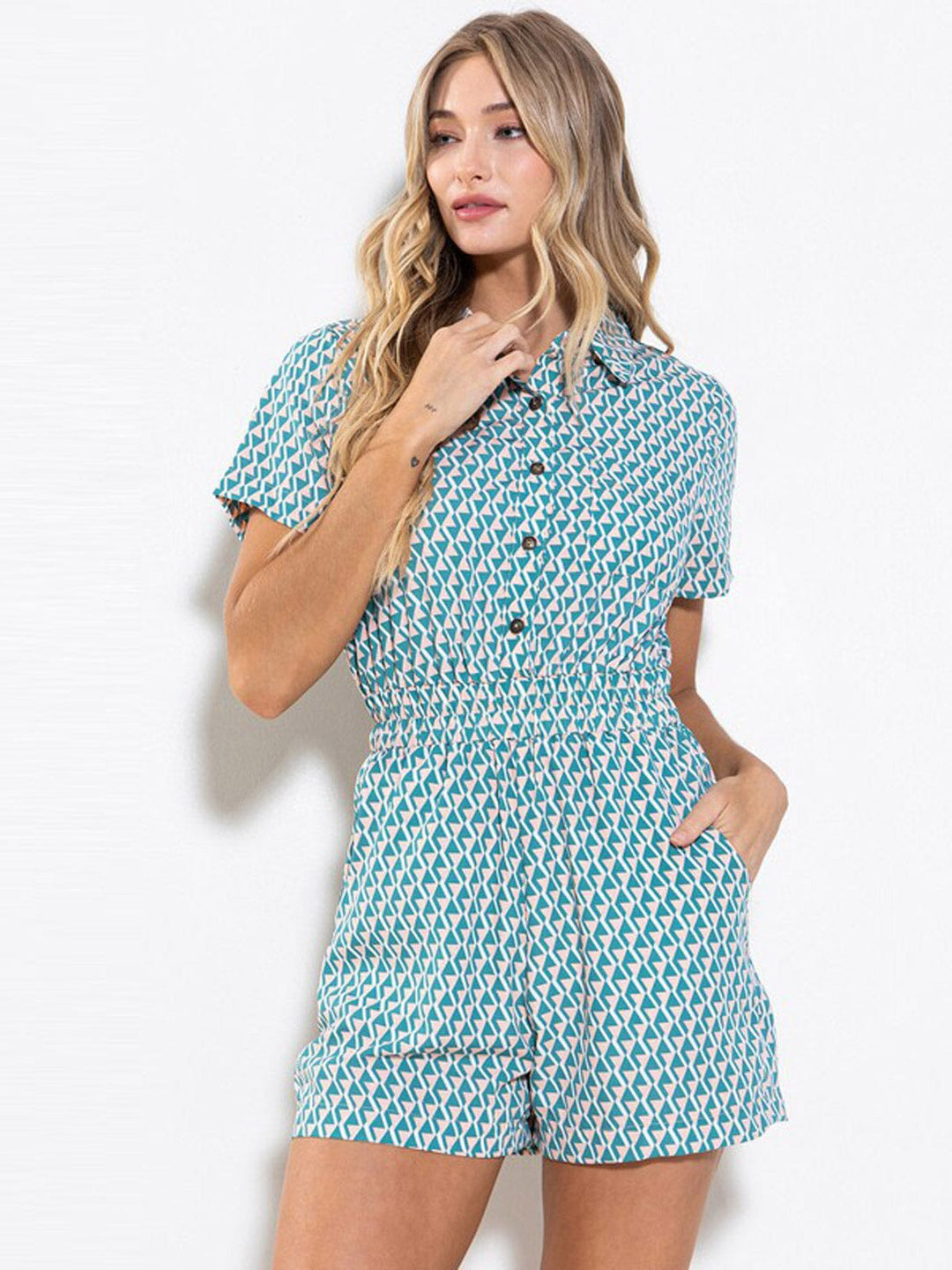 WOMEN'S SHORT SLEEVE SMOCK WAIST POCKETS MULTI PRINT ROMPER