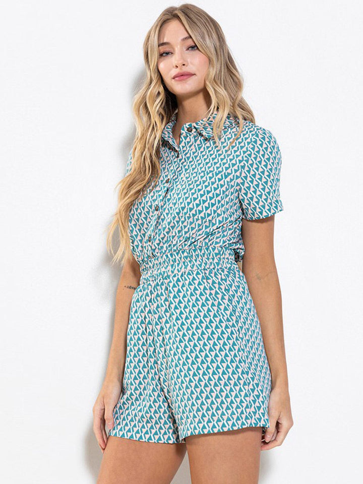 WOMEN'S SHORT SLEEVE SMOCK WAIST POCKETS MULTI PRINT ROMPER