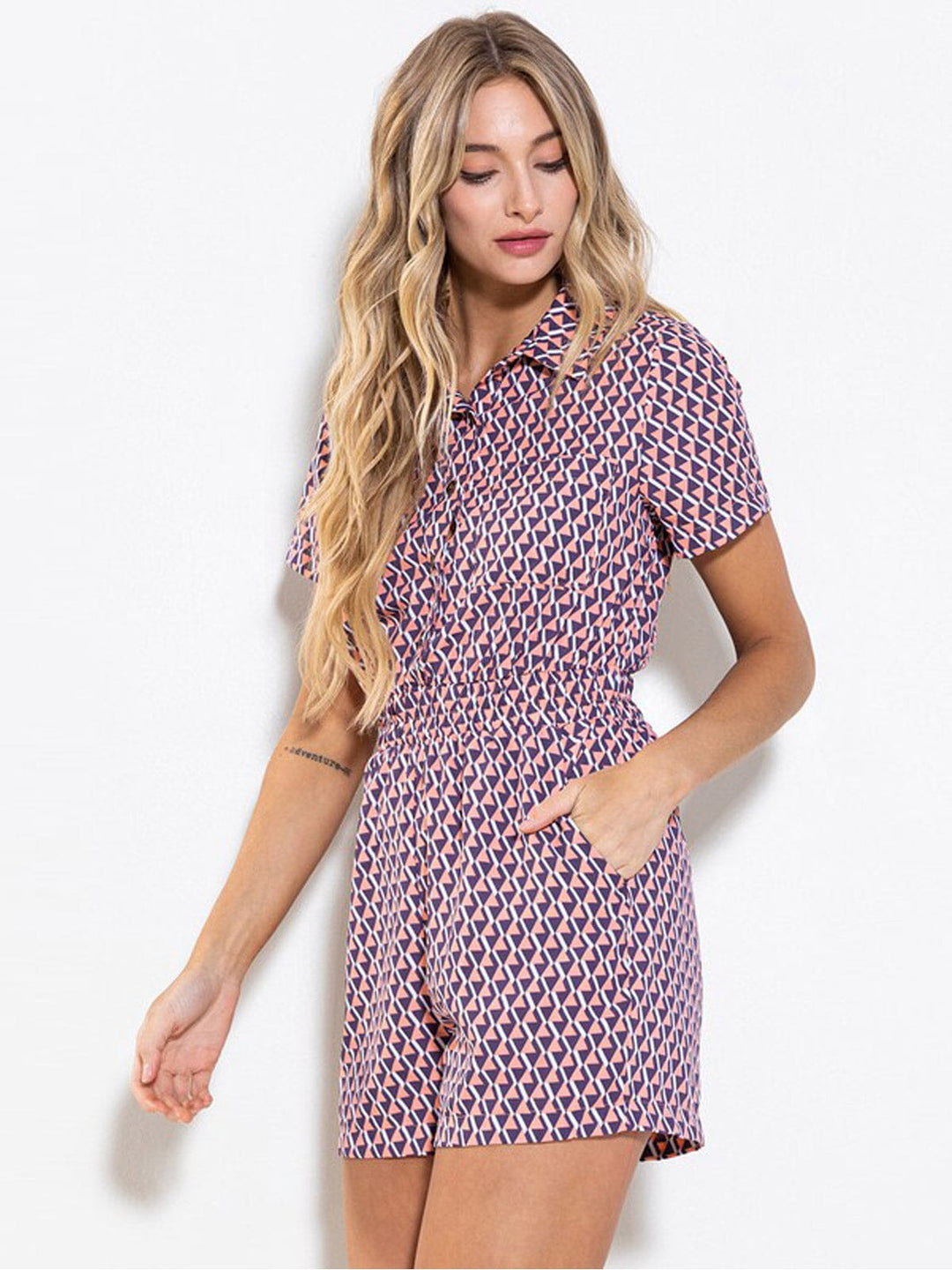 WOMEN'S SHORT SLEEVE SMOCK WAIST POCKETS MULTI PRINT ROMPER