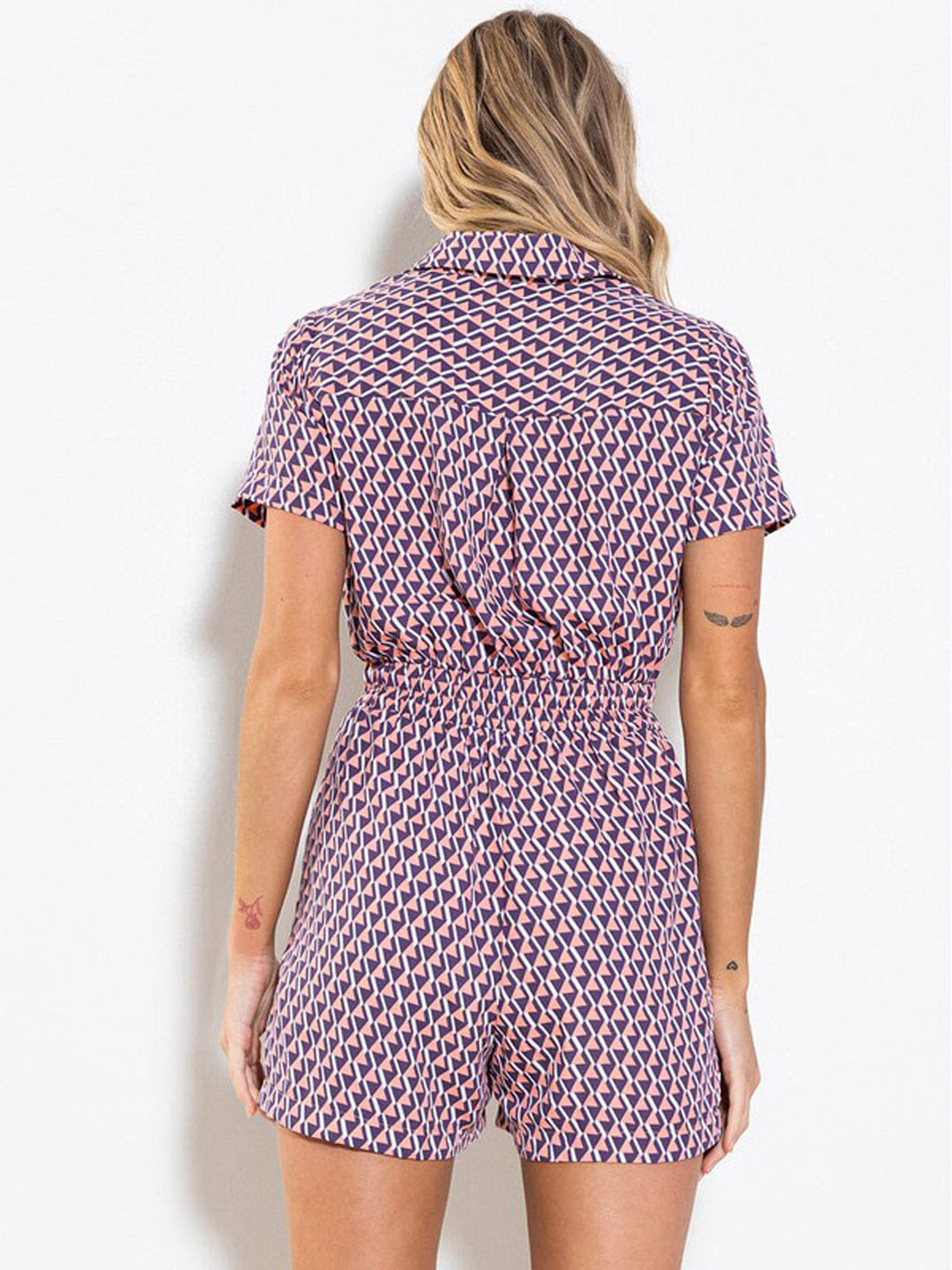 WOMEN'S SHORT SLEEVE SMOCK WAIST POCKETS MULTI PRINT ROMPER