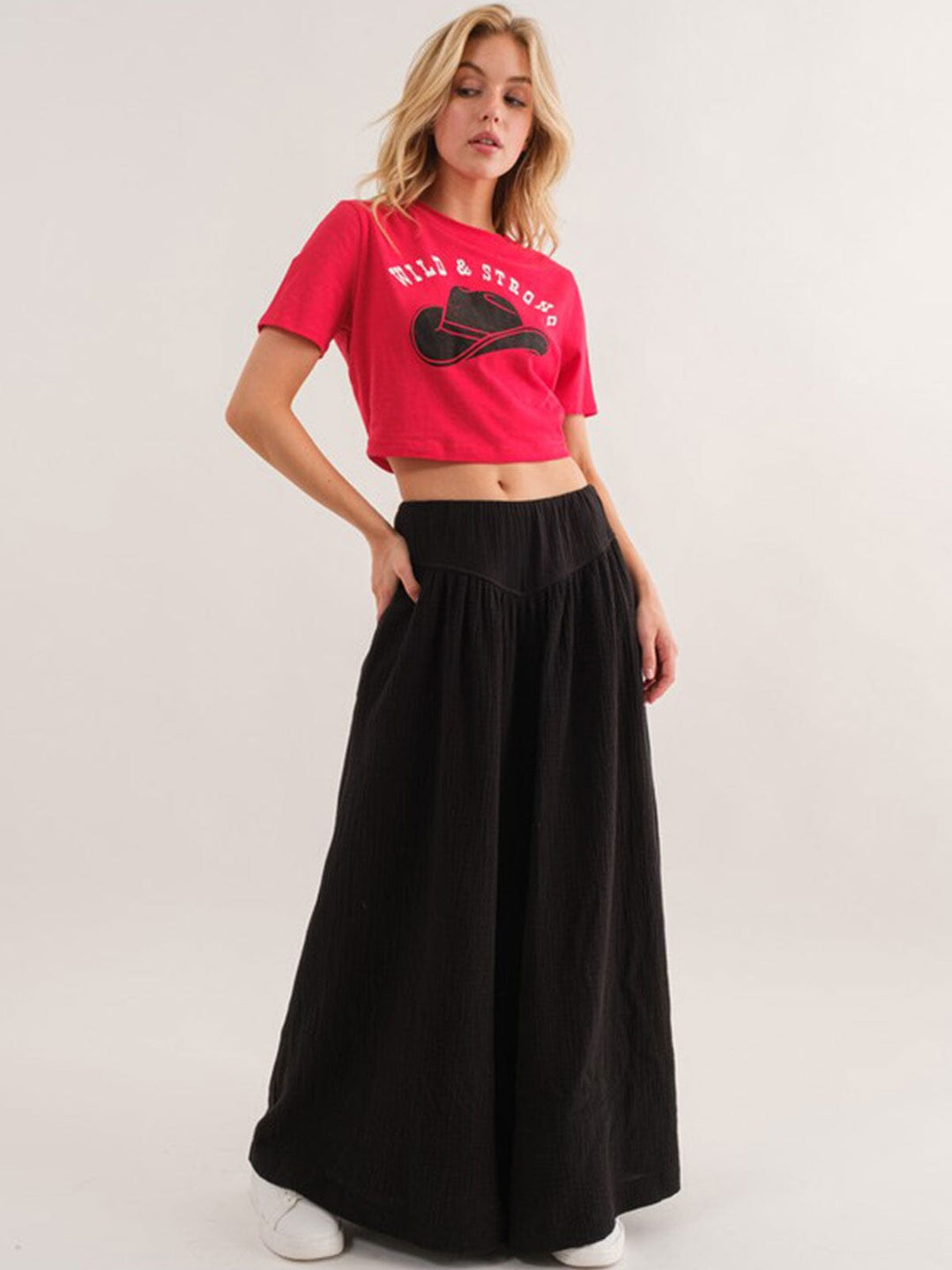 WOMEN'S ELASTIC WAIST FRONT POCKETS PALAZZO PANTS