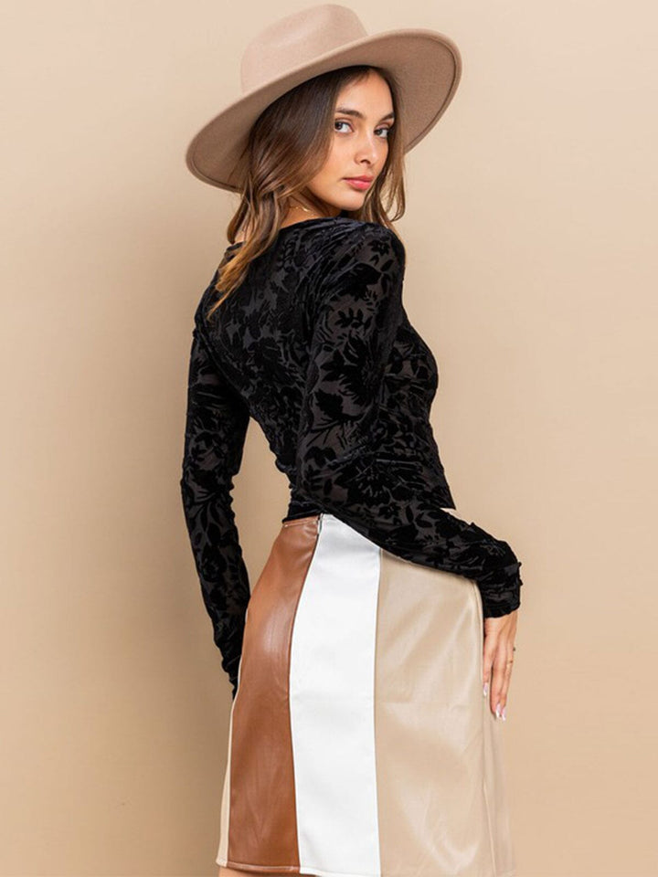 WOMEN'S LONG SLEEVE VELVET DETAILED BODYSUIT