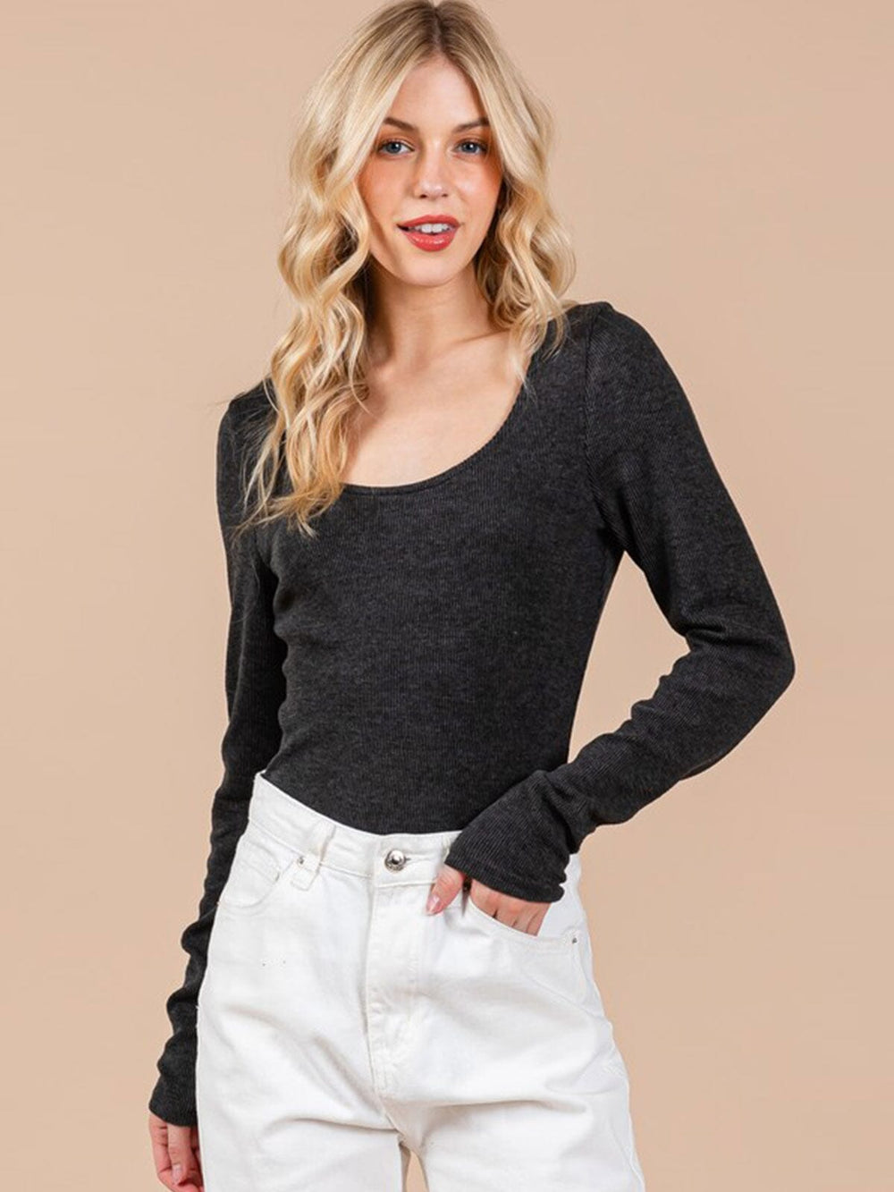 WOMEN'S LONG SLEEVE ROUND NECK RIBBED BODYSUIT