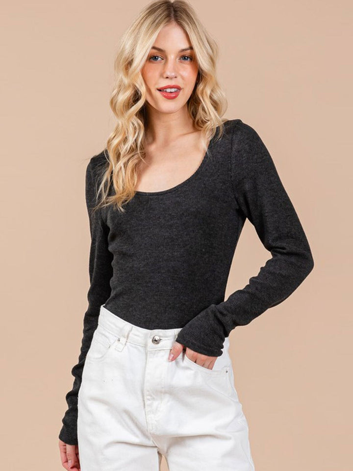 WOMEN'S LONG SLEEVE ROUND NECK RIBBED BODYSUIT