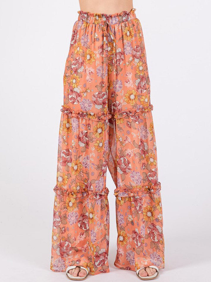 WOMEN'S ELASTIC WAIST TIERED WIDE LEG FLORAL PANTS