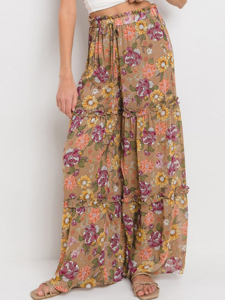 WOMEN'S ELASTIC WAIST TIERED WIDE LEG FLORAL PANTS