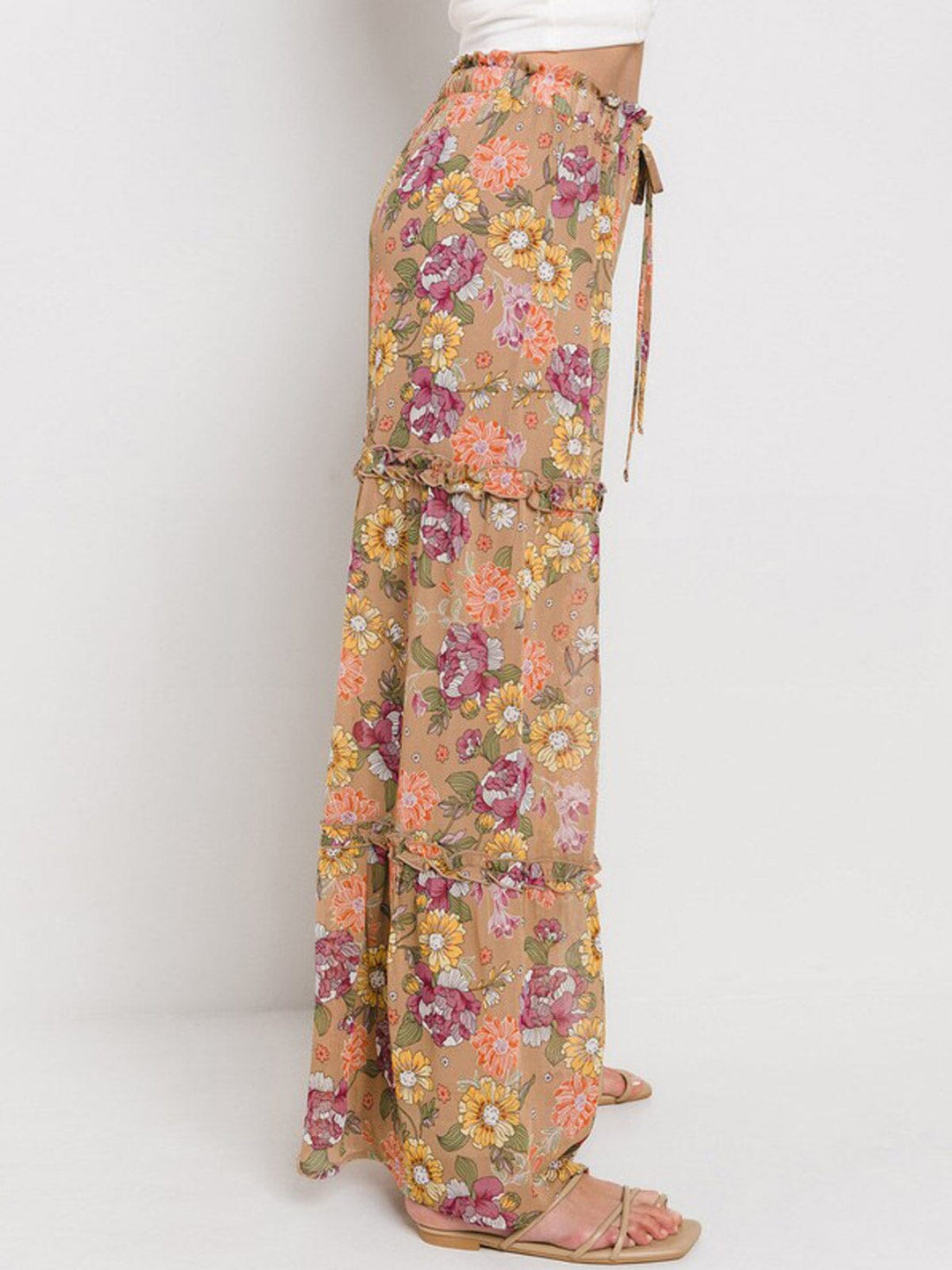 WOMEN'S ELASTIC WAIST TIERED WIDE LEG FLORAL PANTS