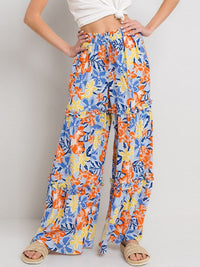 WOMEN'S ELASTIC WAIST TIERED WIDE LEG FLORAL PANTS