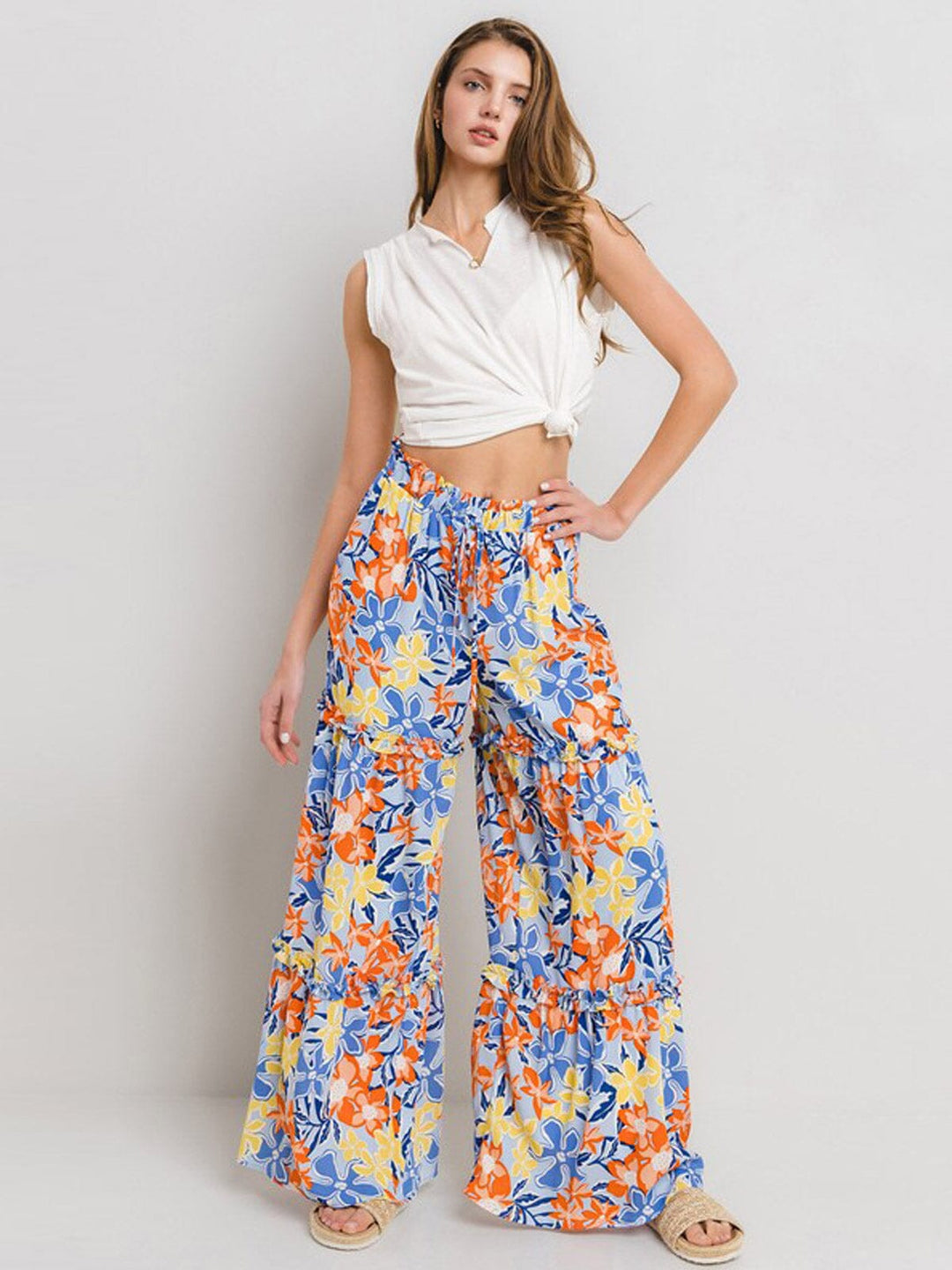 WOMEN'S ELASTIC WAIST TIERED WIDE LEG FLORAL PANTS
