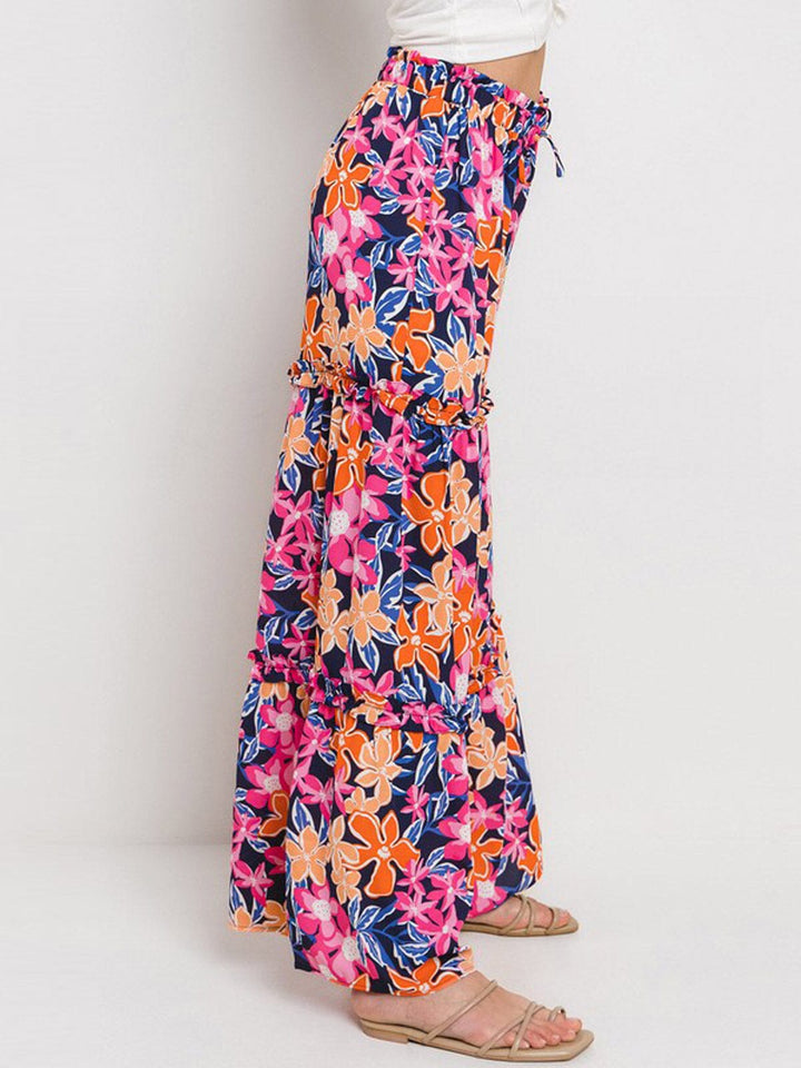 WOMEN'S ELASTIC WAIST TIERED WIDE LEG FLORAL PANTS