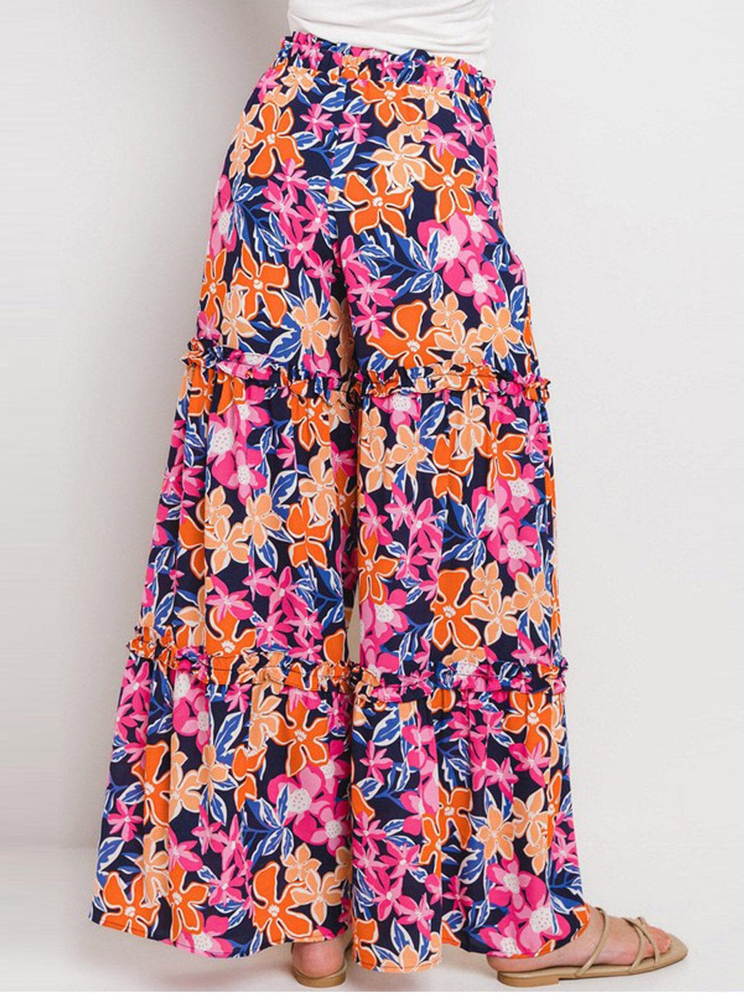 WOMEN'S ELASTIC WAIST TIERED WIDE LEG FLORAL PANTS