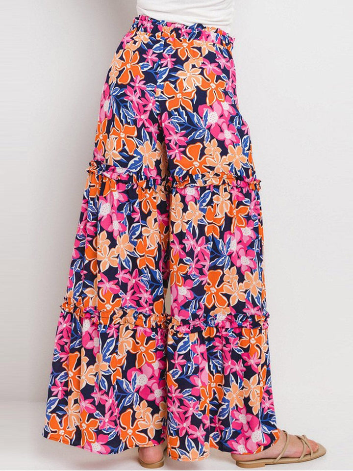 WOMEN'S ELASTIC WAIST TIERED WIDE LEG FLORAL PANTS