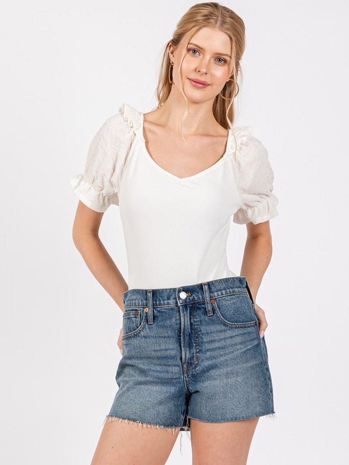 WOMEN'S SHORT PUFF SLEEVE V-NECK BODYSUIT