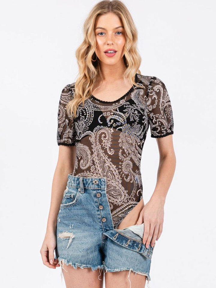 WOMEN'S SHORT SLEEVE MESH PAISLEY PRINT BODYSUIT