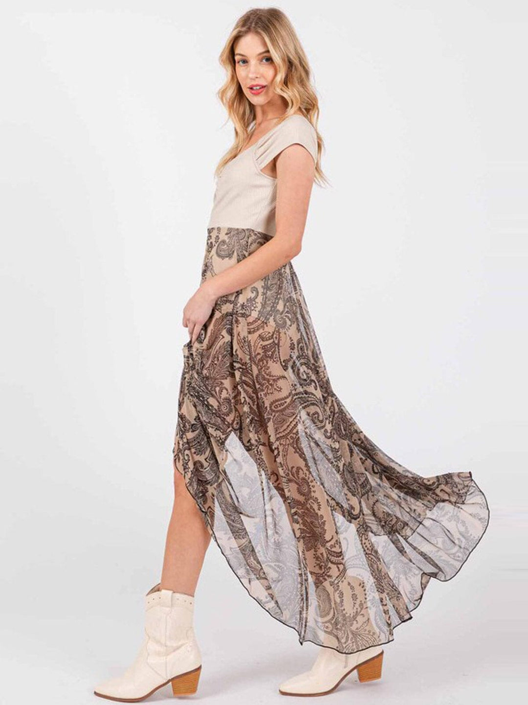 WOMEN'S SHORT SLEEVE FRONT RUCHED BODYSUIT PAISLEY PRINT MAXI DRESS