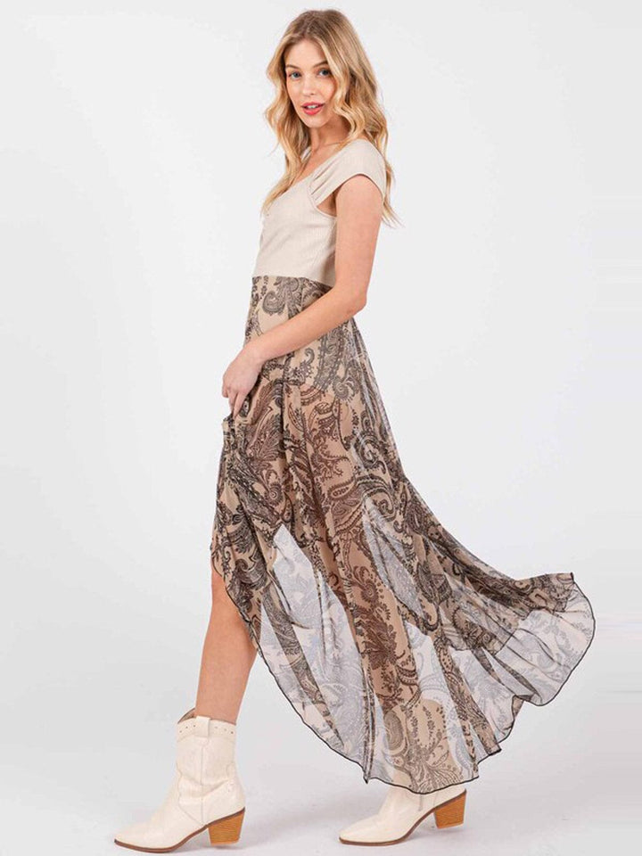 WOMEN'S SHORT SLEEVE FRONT RUCHED BODYSUIT PAISLEY PRINT MAXI DRESS