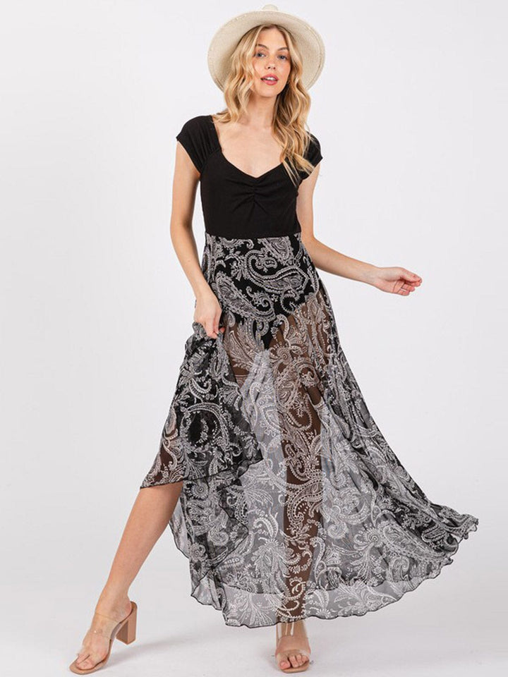 WOMEN'S SHORT SLEEVE FRONT RUCHED BODYSUIT PAISLEY PRINT MAXI DRESS