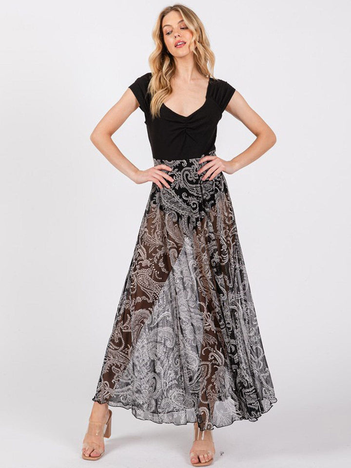 WOMEN'S SHORT SLEEVE FRONT RUCHED BODYSUIT PAISLEY PRINT MAXI DRESS